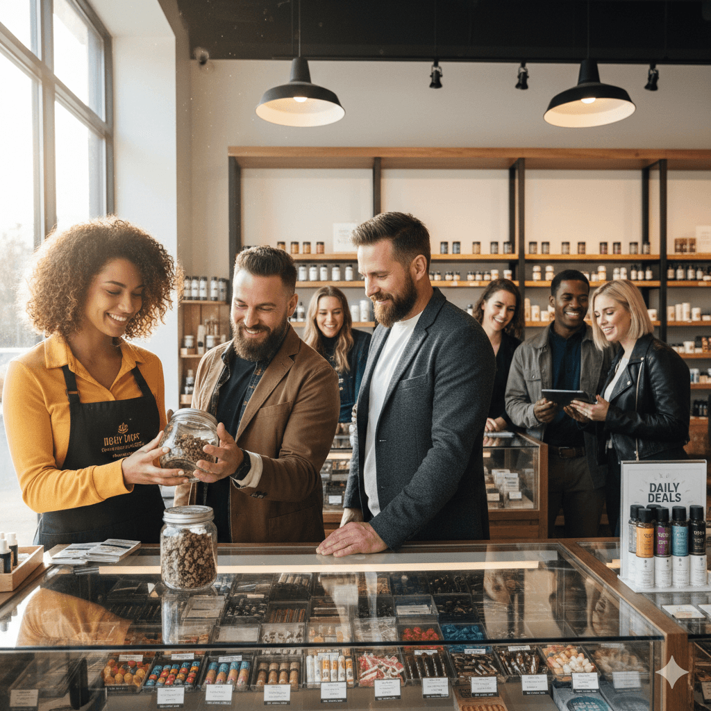 People working in a cannabis store